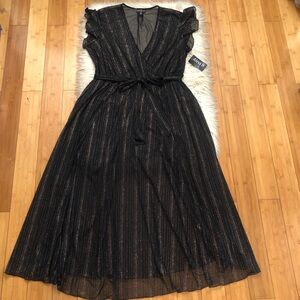 Alexa B Nites Metallic Sheer Shimmer Flutter Sleeve Black Evening Maxi Dress 20W